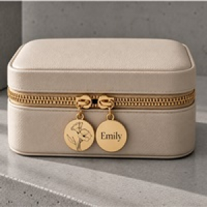 Schmuckschatulle Personalisiert mit Name & Geburtsblume, Beige, Schwarz, Schmucketui Reise, Geschenkidee Frauen, Mädchen Geschenk Geburtstag